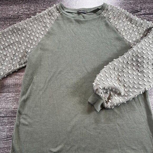 Miholl Green Waffle Knit Top with Sheer Dot Sleeves | Women’s XL - Picture 1 of 5